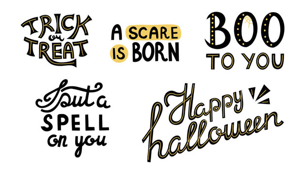 Halloween lettering quotes. Handwritten halloween phrases, put a spell on you and trick or treat vector set. Spooky halloween lettering. Halloween handwritten typography, quote and greeting lettering