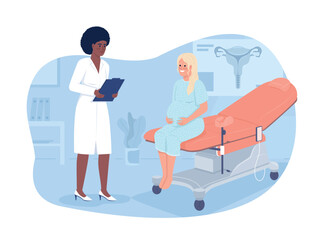 Doctor consulting pregnant woman 2D vector isolated illustration. Prenatal care flat characters on cartoon background. Hospital colourful editable scene for mobile, website, presentation