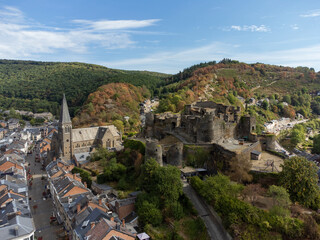 Church and ruin in the valley of La Roche en Ardenne in Belgium, Aerial