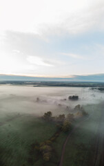 a road through a foggy autumn field