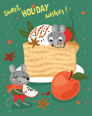 
Cake and mice. New year Christmas card
