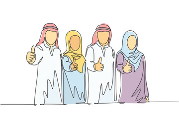 Single continuous line drawing of young muslim businessman and businesswoman giving thumbs up gestures. Arab middle east cloth shmagh, kandura, thawb, robe. One line draw design vector illustration