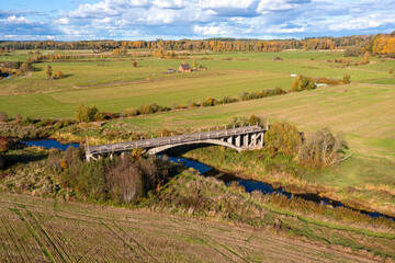 Aerial view of bridge to nowhere. An old bridge in Latvia never getting ready. Sati, Latvia