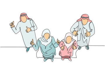 One continuous line drawing of young muslim businessman and businesswoman give thumb up gesture to audience. Islamic clothing kandura, scarf, keffiyeh. Single line draw design vector illustration