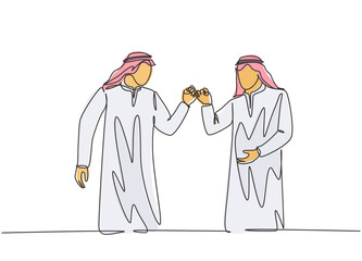 One single line drawing of young happy muslim workers fist bump their hands together. Saudi Arabian businessmen with shmag, kandora, headscarf, thobe. Continuous line draw design vector illustration