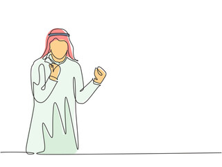One single line drawing of young happy muslim business man raise hand and celebrate. Saudi Arabian businessmen with shmag, kandora, headscarf, ghutra. Continuous line draw design vector illustration