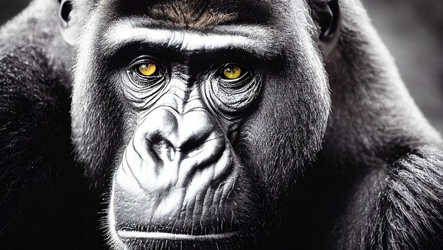 Grayscale Closeup Shot Of The Face Of A Gorilla With Yellow Eyes