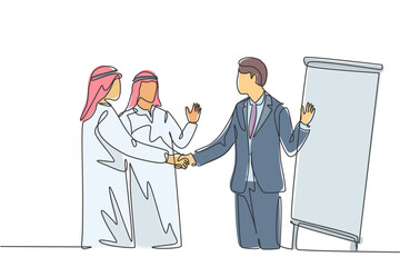 One single line drawing of young happy male guitarist standing and holding acoustic guitar case. Dynamic musician artist concept continuous line graphic draw design vector illustration