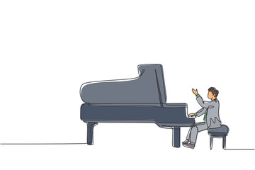 One single line drawing of young happy male pianist playing classic grand piano on music concert festival stage. Musician artist performance concept continuous line draw design vector illustration