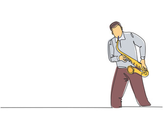 One continuous line drawing of young happy male saxophonist performing to play saxophone on music concert. Musician artist performance concept single line draw design vector graphic illustration