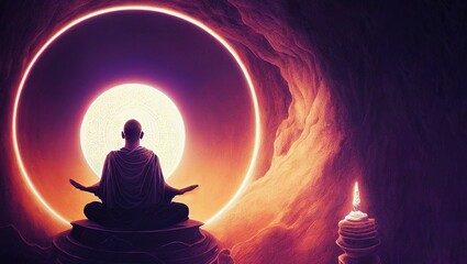 Illustration artwork of a monk meditating inside cave and looking at bright spot - obrazy, fototapety, plakaty