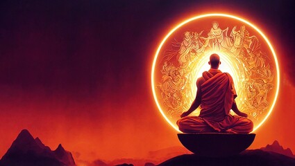 Illustration artwork of meditating monk sitting in a dark place and looking at a bright circle - obrazy, fototapety, plakaty