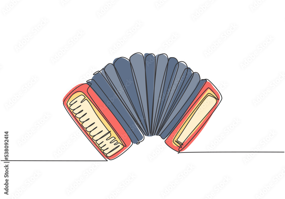 Poster one continuous line drawing of classic accordion. dynamic music instruments concept single line draw