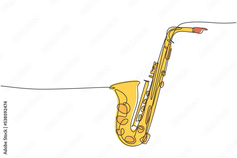 Poster one continuous line drawing of classical saxophone. wind music instruments concept. modern single li