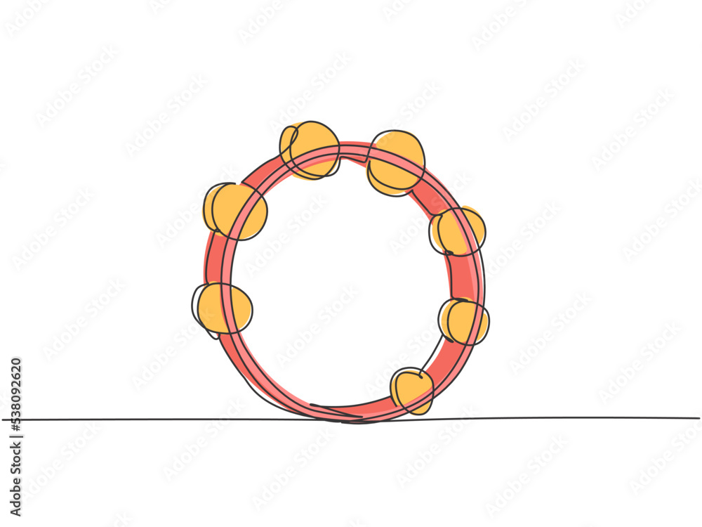 Poster one continuous line drawing of round circle tambourine. dynamic percussion music instruments concept