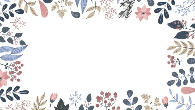 Animation of flowers and plants in winter colors. Space for text.