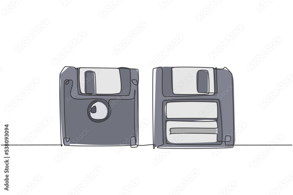 Poster One single line drawing of retro old classic 3.5 inch floppy disk front and back side. Vintage file storage diskette item concept continuous line graphic draw design vector illustration
