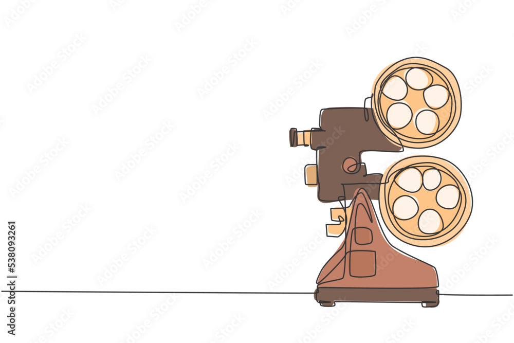Poster single continuous line drawing of retro old classic video player. vintage analog movie projector ite