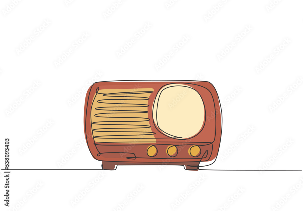 Poster one continuous line drawing of retro old classic radio player. vintage analog audio speaker item con