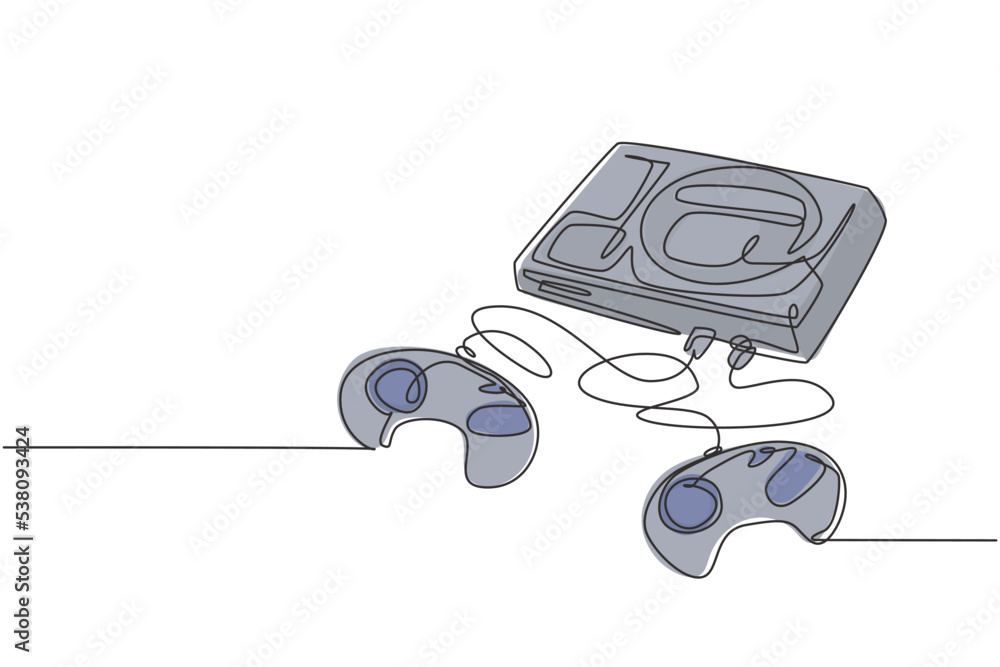 Poster single continuous line drawing of retro old classic arcade video game player with cassette. vintage 