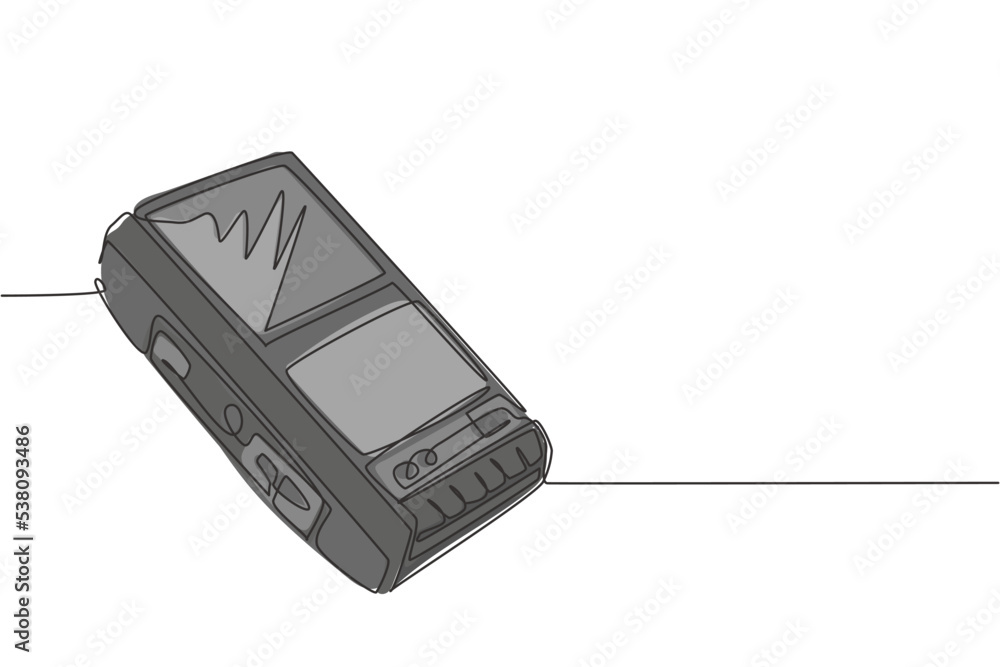 Poster one continuous line drawing of retro old classic analog portable cassette tape recorder. vintage mob