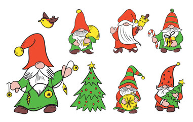 Set of cute gnomes for Christmas cards.Elves with gifts.Hand drawn cartoon characters.Vector illustration.