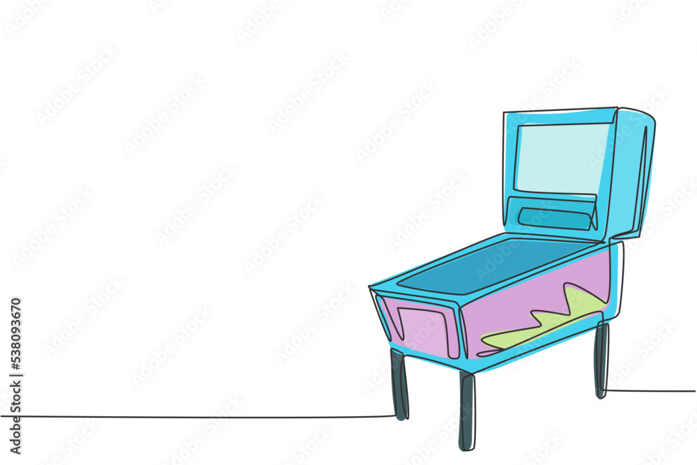 Poster one continuous line drawing of retro old classic pinball game play machine. vintage simulation game 