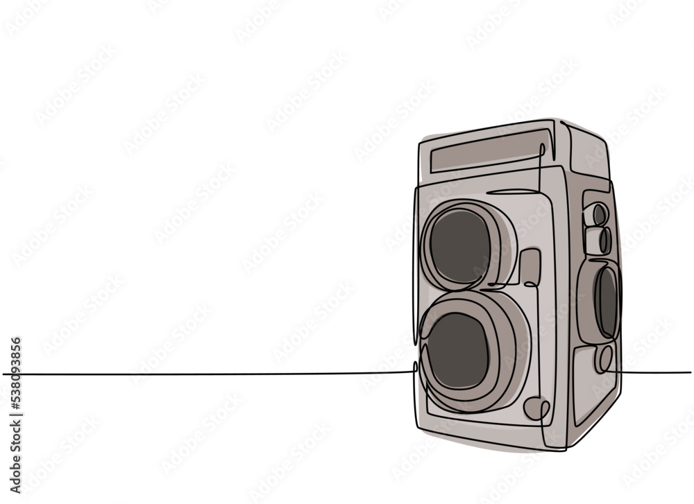 Poster single continuous line drawing of of old vintage analog twin lens camera medium format. retro classi