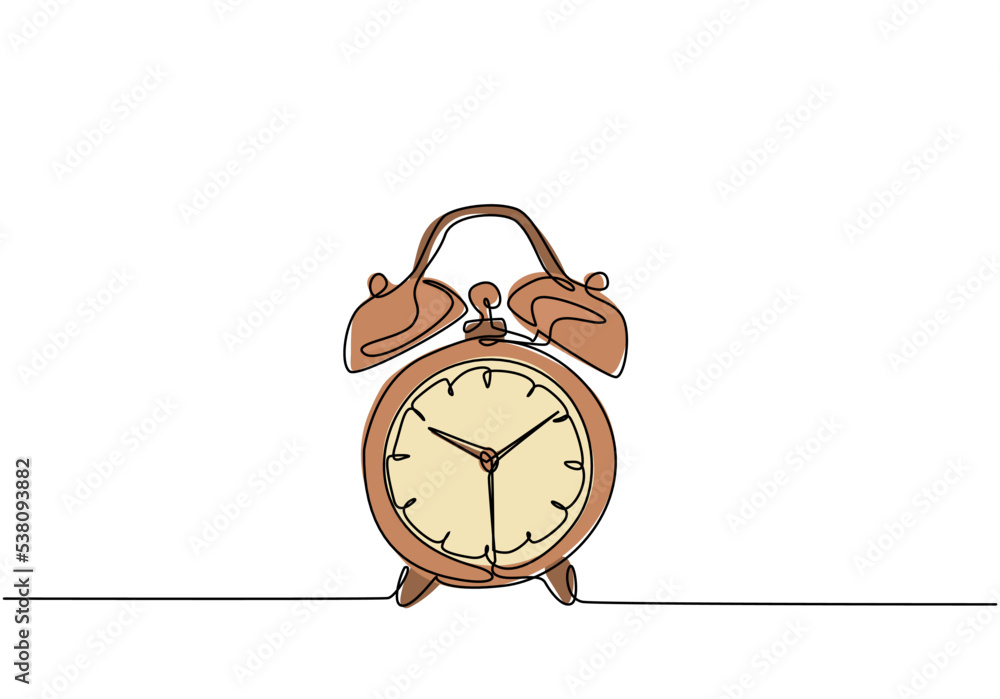 Poster one continuous line drawing of classic analog desk alarm clock with big ring bell to tell the time. 