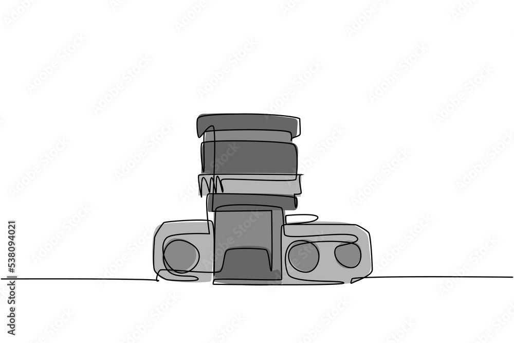Aufkleber one continuous line drawing of old retro vintage analog slr camera with kit lens from top view. vint