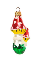 Vintage glass toy fly agaric for decoration of Christmas tree. Two small glass mushrooms with red caps. Close up macro isolated on white background for your design.