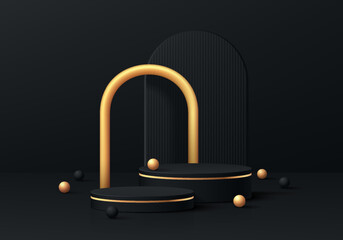 Realistic 3D black, golden cylinder pedestal podium with arch shapes and black curtain background. Black friday sale concept, Vector abstract minimal scene products stage showcase, Promotion display.