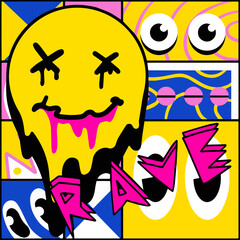 Poster with yellow smile face. Acid rave