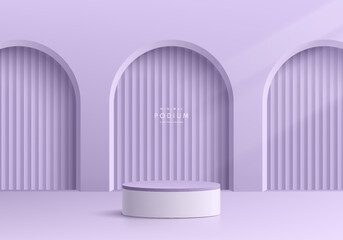 Realistic purple, white 3D cylinder pedestal podium with vertical pattern in arch shape scene background. Minimal scene mockup products display, Stage showcase. Vector geometric forms. Abstract room. - obrazy, fototapety, plakaty