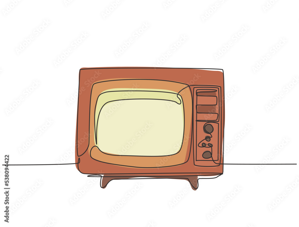 Wall mural one single line drawing of retro old fashioned tv with wooden frame. antique vintage analog televisi