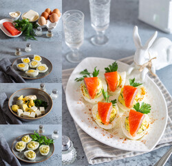 Collage of step by step preparation of egg snack with red fish with carrot decoration, selective focus