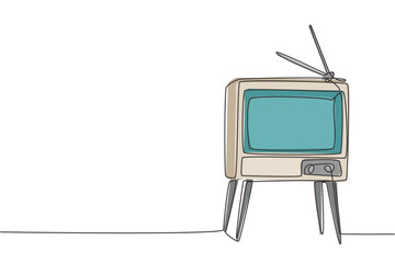 One continuous line drawing of retro old fashioned tv with wooden table and table legs. Classic vintage analog television concept single line draw design graphic vector illustration