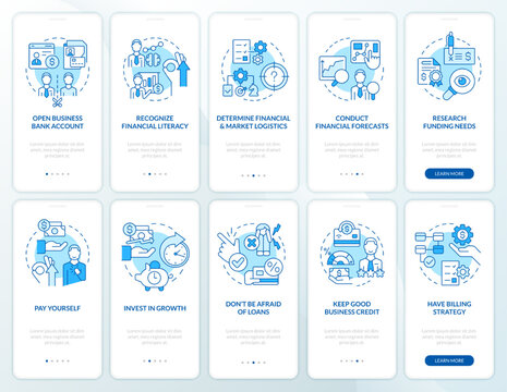 Business financial management blue onboarding mobile app screen. Walkthrough 5 steps editable graphic instructions with linear concepts. UI, UX, GUI template. Myriad Pro-Bold, Regular fonts used