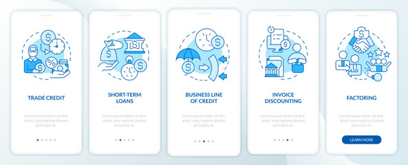 Sources of short term financing blue onboarding mobile app screen. Walkthrough 5 steps editable graphic instructions with linear concepts. UI, UX, GUI template. Myriad Pro-Bold, Regular fonts used