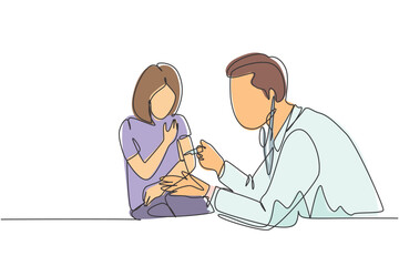 Fototapeta premium One single line drawing of male pediatric doctor giving vaccine injection to young beauty girl patient at hospital. Medical healthcare treatment concept continuous line draw design vector illustration