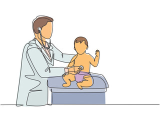 Single continuous line drawing of young male pediatric doctor examining heart beat cute toddler patient with stethoscope. Medical health care treatment concept one line draw design vector illustration