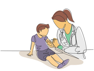 Single continuous line drawing of female pediatric doctor giving vaccine immunization injection to young boy patient. Medical health care treatment concept one line draw design vector illustration - obrazy, fototapety, plakaty