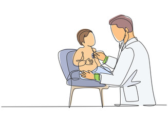 Single continuous line drawing of young male pediatric doctor examining heart beat cute toddler patient with stethoscope. Medical health care treatment concept one line draw design vector illustration