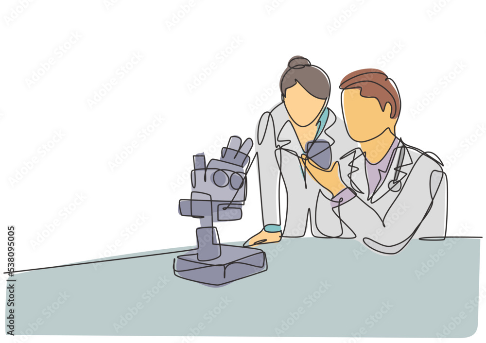 Poster one continuous line drawing of scientist analyze blood sample using laboratory microscope to find co
