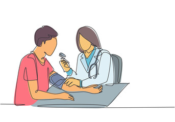 Fototapeta premium One continuous single line drawing of young female doctor check the patient's blood pressure and pulse rate at hospital. Medical check up healthcare concept single line draw design vector illustration