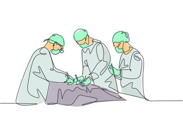 Single continuous single line drawing group of team surgeon doctor doing surgery operation to the patient with critical condition. Operating surgery concept one line draw design vector illustration - obrazy, fototapety, plakaty
