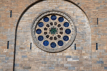 Rose window of the Church of San Nicolás, Portomarín, Lugo, Galicia, Spain. French Way of Saint James.