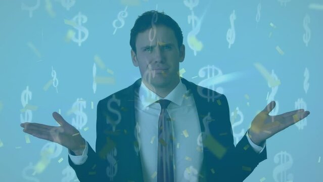 A businessman is shrugging his shoulders in confusion, while confetti and dollar signs rain down aro