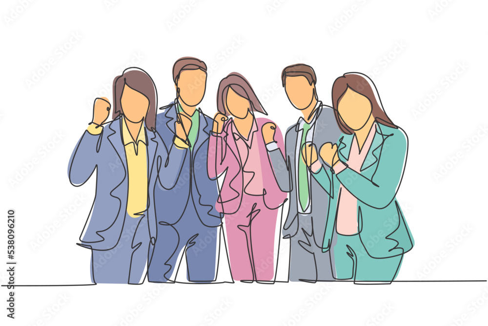 Wall mural one continuous line drawing group of businessman and businesswoman line up neatly and fist hands tog - Wall murals