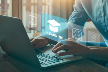 e-learning concept, education online with webinar, video tutorial, internet lessons - obrazy, fototapety, plakaty